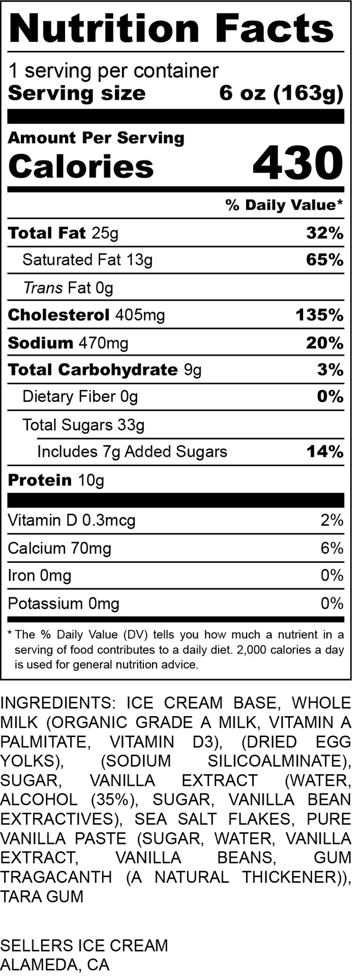 Supreme Vanilla Nutritional information