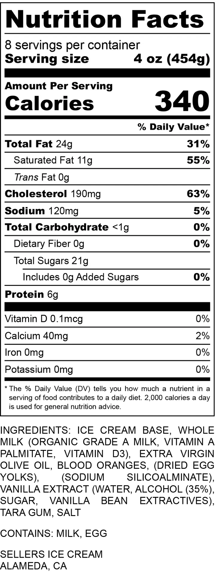 Blood Orange Olive Oil Ice Cream - Nutrition Label