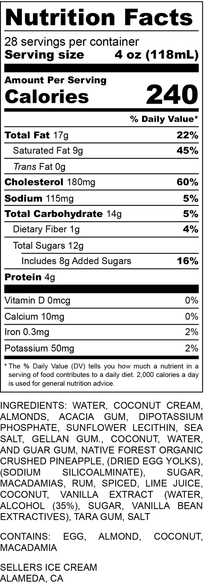 Heavenly Hawaiian Ice Cream - Nutrition Label